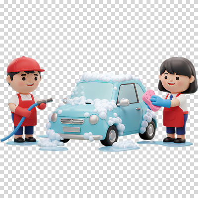 자연요소 감정 육상교통 3 사람 파일형식 세차 남자 여자 애니메이션 캐릭터 자동차 세척 스펀지 호스 물 청소 작업 즐거움 컬러 편집이미지 PNG