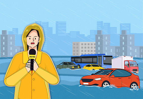 교통 일러스트 자동차 날씨 대중교통 안전 물 피해 응급 도시 기자 뉴스 홍수 폭우 빗물 국내일러스트 AI파일 자연요소 직업 육상교통 교통수단 긴급 비_날씨 자연재해 파일형식 벡터