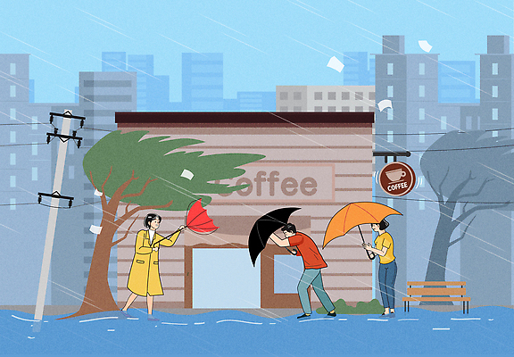 캐릭터 종이 일러스트 우산 바람 날씨 거리 풍경 여러명 갈색 카페 도시 번개 빗자루 외출 웅덩이 생동감 국내일러스트 일러캐릭터 AI파일 자연요소 컬러 다수 사람 상점 청소도구 파일형식 벡터