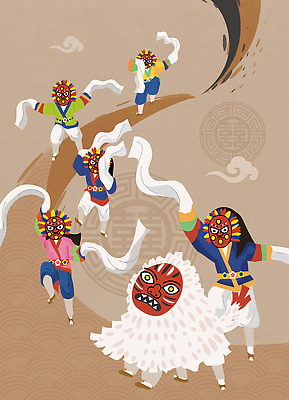 캐릭터 전통 옷 문화 예술 상징 컬러 일러스트 국악 사람 축제 소리 공연 에너지 무대 표현 춤 역사 가면극 리듬 생동감 국내일러스트 일러캐릭터 AI파일 음악 문화예술 이벤트 연극 파일형식 벡터