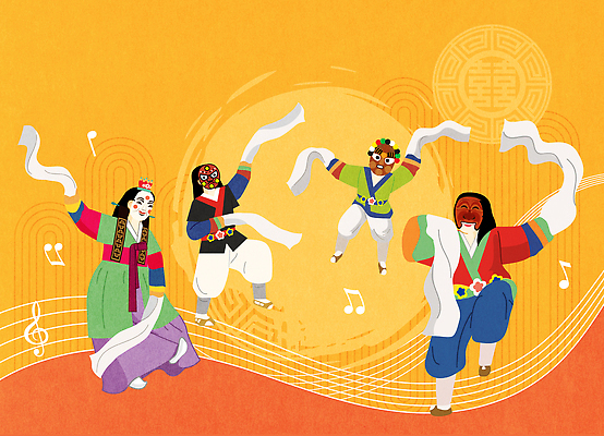 전통 옷 문화 예술 음악 컬러 일러스트 한국 국악 사람 여름 축제 공연 무대 표현 춤 천 즐거움 리듬 창작 국내일러스트 AI파일 계절 감정 아시아 문화예술 이벤트 직물 파일형식 벡터