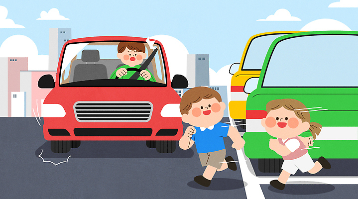 어린이 생각 일러스트 모션 자동차 놀이 거리 경고 안전 도시 경계 즐거움 주차장 상호작용 국내일러스트 AI파일 감정 육상교통 사람 파일형식 벡터