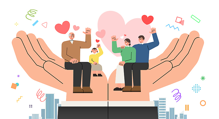 손 행복 상징 일러스트 가족 관계 따뜻함 사랑 웃음 안전 여러명 일상 친구 기쁨 마음 축하 표현 도시 보호 소통 지원 국내일러스트 AI파일 감정 다수 컨셉 표정 사람 라이프 신체부위 파일형식 벡터