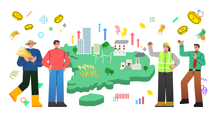 산업 지구 농업 일러스트 비즈니스 자연 그래프 협력 기술 경제 평화 환경 에너지 성장 발전 풍력에너지 농부 소통 혁명 국내일러스트 AI파일 직업 컨셉 그린에너지 생태계 파일형식 벡터