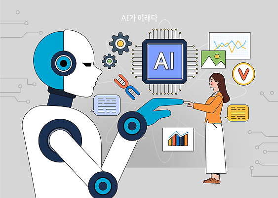 디자인 여자 일러스트 그래프 미래 기술 실험 대화 컴퓨터 자료 정보 로봇 분석 혁명 소프트웨어 자동화 지능 AI_인공지능 국내일러스트 AI파일 컨셉 말하기 사람 전자제품 파일형식 벡터