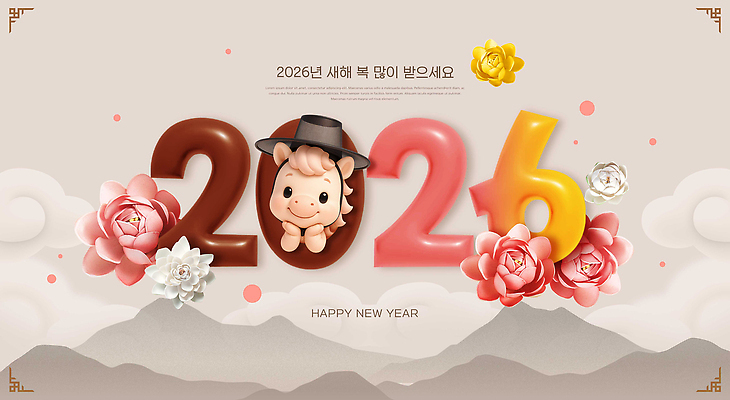 PSD 편집이미지 캐릭터 디자인 꽃 행복 성공 새해 기념 장식 축제 기도 양 메시지 2026년 이미지편집 식물 감정 컨셉 포유류 연도 파일형식