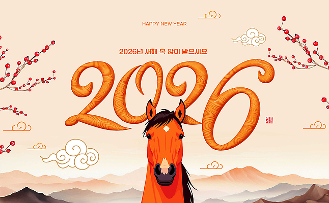 PSD 편집이미지 전통 디자인 명절 행복 문화 컬러 백그라운드 새해 기념 축제 말_동물 2026년 이미지편집 기념일 감정 포유류 연도 파일형식