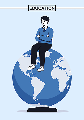 학생 교육 남자 문화 지구 상징 일러스트 아이디어 앉기 파란색 학습 세계 교양 표현 체험 발전 모던 소통 창의성 국내일러스트 AI파일 컬러 컨셉 모션 사람 파일형식 벡터