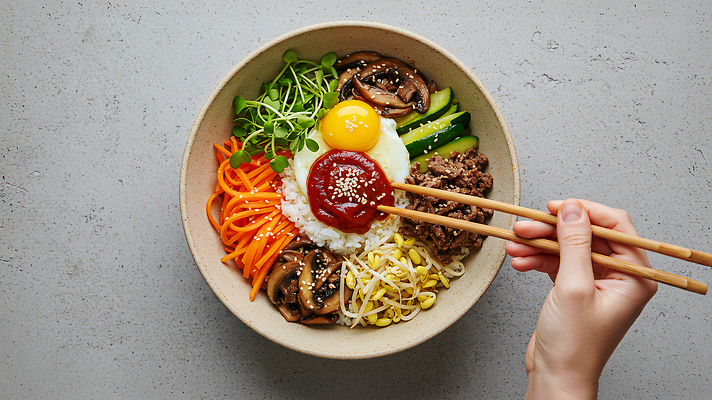 JPG 편집이미지 한국문화 한식 채소 젓가락 육류 요리 계란 식사 맛 비빔밥 점심 건강식 색감 의료성형뷰티 편집실사 AI인물포토 AI콘텐츠 동양문화 음식 컨셉 식재료 한국 수저 알 CG 파일형식 AI포토
