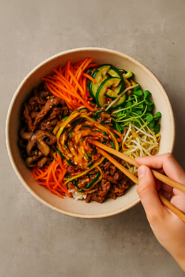 JPG 편집이미지 한국전통 그릇 한식 컬러 채소 재료 젓가락 건강 육류 요리 식사 볶음 비빔밥 의료성형뷰티 편집실사 AI인물포토 AI콘텐츠 전통 식기 음식 식재료 한국 수저 CG 파일형식 AI포토