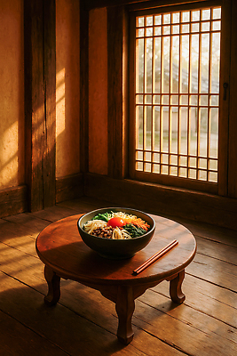 JPG 나무 편집이미지 문화 한식 채소 탁자 아침 한옥 일상 햇빛 식사 비빔밥 조용 볶음밥 편집실사 AI포토 AI콘텐츠 주간 식물 한국전통 음식 가구 고건축 라이프 태양 CG 파일형식