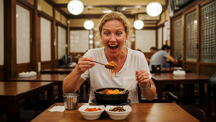 JPG 외국인 편집이미지 전통 행복 한식 음식 반찬 한국 요리 식사 만남 맛 된장찌개 즐거움 비빔밥 한식당 의료성형뷰티 편집실사 AI인물포토 AI콘텐츠 감정 아시아 컨셉 인종 식당 찌개 CG 파일형식 AI포토
