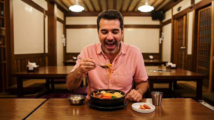 JPG 편집이미지 한국문화 남자 한식 음식 탁자 일상 주방 식사 저녁 즐거움 비빔밥 의료성형뷰티 맛있는 편집실사 AI인물포토 AI콘텐츠 동양문화 감정 가구 한국 사람 라이프 야간 CG 파일형식 AI포토
