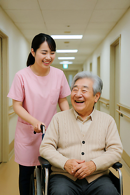 JPG 편집이미지 노년 행복 친절 건강 미소 치료 환자 간호사 복도 휠체어 노인복지 요양원 돌봄 배려 의사소통 의료성형뷰티 편집실사 AI인물포토 AI콘텐츠 감정 의학 모션 표정 성인 의료진 복지 CG 파일형식 AI포토