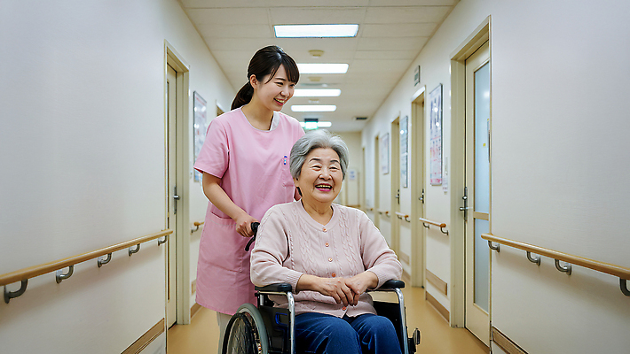 JPG 편집이미지 라이프스타일 웰빙 행복 의학 병원 미소 일상 환자 간호사 복도 간호 서비스 휠체어 요양원 소통 돌봄 의료성형뷰티 편집실사 AI인물포토 AI콘텐츠 감정 컨셉 모션 표정 라이프 생활 의료진 CG 파일형식 AI포토