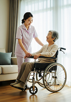 JPG 편집이미지 노년 행복 친절 실내 따뜻함 표정 대화 건강관리 휠체어 요양원 요양보호사 교감 돌봄 방안 의료성형뷰티 편집실사 AI인물포토 AI콘텐츠 직업 감정 모션 건강 관리 말하기 성인 내부 CG 파일형식 AI포토