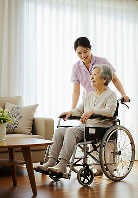 JPG 편집이미지 노년 거실 조명 따뜻함 건강 일상 간호사 편안함 휠체어 요양원 소통 간병인 돌봄 보살핌 지원 의료성형뷰티 편집실사 AI인물포토 AI콘텐츠 직업 컨셉 모션 성인 라이프 의료진 감각 CG 파일형식 AI포토