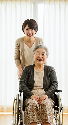 JPG 편집이미지 노년 행복 가족 조명 건강 웃음 휠체어 요양원 간병인 돌봄 보살핌 의료성형뷰티 유대감 상호작용 편집실사 AI인물포토 AI콘텐츠 직업 감정 관계 모션 표정 성인 CG 파일형식 AI포토