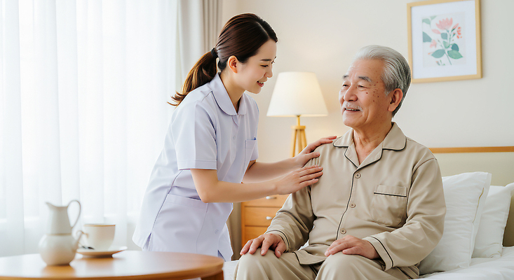 JPG 편집이미지 노년 행복 가족 친절 건강 병원 대화 미소 치료 환자 간호사 침대 스킨십 요양 요양원 돌봄 의료성형뷰티 편집실사 AI인물포토 AI콘텐츠 감정 가구 의학 관계 모션 표정 말하기 성인 의료진 간호 CG 파일형식 AI포토