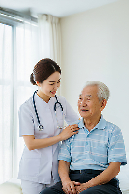 JPG 편집이미지 노년 의학 친절 건강 병원 대화 웃음 치료 믿음 환자 간호사 의사 상담 요양원 보살핌 지원 의료성형뷰티 편집실사 AI인물포토 AI콘텐츠 감정 표정 말하기 성인 의료진 CG 파일형식 AI포토