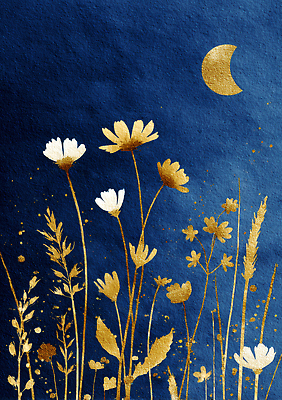 JPG 식물 디자인 꽃 예술 백그라운드 패턴 일러스트 자연 밤하늘 미술 여름 파란색 금색 달 화려 그림 조화 창의성 테마 국내일러스트 AI일러스트 AI콘텐츠 자연요소 계절 컬러 컨셉 무늬 하늘 문화예술 야간 생태계 파일형식