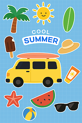 모자 디자인 감정 별 스티커 일러스트 아이스크림 수박 해변 여름 파란색 여름휴가 선글라스 햇빛 노란색 서핑 시원함 즐거움 밴 테마 국내일러스트 AI파일 자연요소 잡화 계절 안경 바다 컬러 과일 자동차 휴가 디저트 태양 수상스포츠 파일형식 벡터 여름_계절