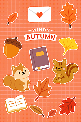 디자인 계절 컬러 스티커 일러스트 자연 바람 나뭇잎 풍경 장식 책 귀여움 가을 즐거움 다람쥐 소재 도토리 감성 애니메이션 아기자기 국내일러스트 AI파일 자연요소 감정 컨셉 잎 날씨 견과류 설치류 생태계 파일형식 벡터