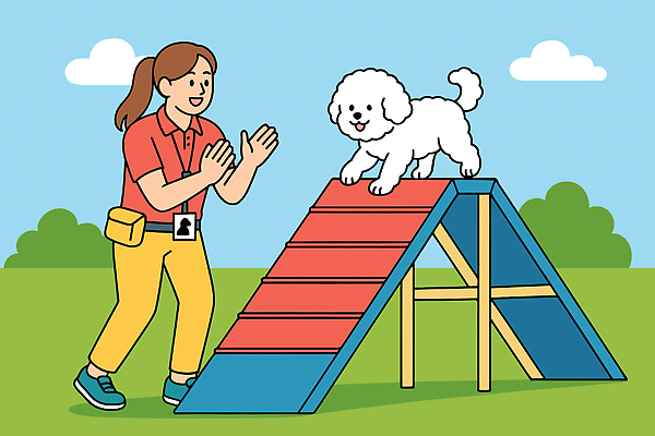 동물 공원 교육 일러스트 모션 자연 아침 협력 기술 건강 잔디 반려동물 흰색 강아지 장애물 연습 즐거움 긍정적 사육사 상호작용 국내일러스트 AI파일 주간 식물 공공시설 감정 컬러 개 생태계 파일형식 벡터