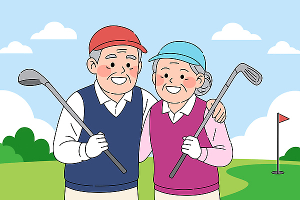 부부 노년 행복 감정 스포츠 골프 일러스트 자연 필드 건강 웃음 취미 친구 노후 야외활동 노부부 즐거움 클럽 격려 동반자 국내일러스트 AI파일 커플 관계 모션 표정 성인 구기 생태계 파일형식 벡터