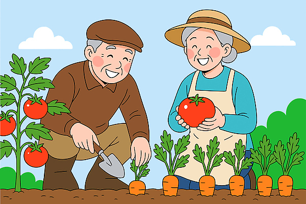 식물 전통 행복 여유 토마토 채소 일러스트 가족 자연 웃음 노후 농장 정원 농사 노부부 당근 수확 시골 신선 친환경 가꾸기 국내일러스트 AI파일 부부 감정 농업 관계 뿌리채소 표정 환경 생태계 파일형식 벡터