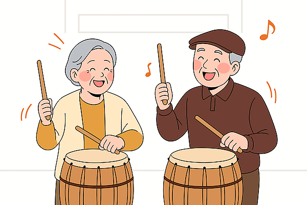 부부 노년 행복 음악 프로포즈 연주 일러스트 가족 모션 집안 따뜻함 웃음 취미 노후 시간 즐거움 통나무 드럼 동행 나무막대 국내일러스트 AI파일 나무 커플 감정 관계 문화예술 타악기 실내 표정 성인 막대 파일형식 벡터