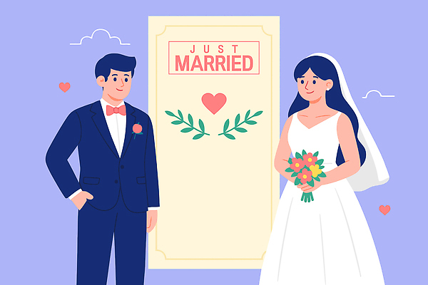 드레스 행복 신부 꽃다발 부케 신랑 결혼 일러스트 관계 결혼식 사랑 턱시도 이벤트 파티 기쁨 축하 기념사진 성격 순간 국내일러스트 AI파일 옷 꽃 감정 컨셉 정장 파일형식 벡터