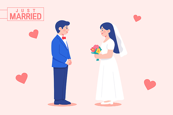 부부 커플 드레스 행복 신부 꽃다발 신랑 결혼 일러스트 결혼식 사랑 미소 정장 귀여움 기쁨 로맨틱 하트 축하 신혼 화사함 순간 국내일러스트 AI파일 모양 옷 꽃 감정 컨셉 관계 표정 이벤트 파일형식 벡터