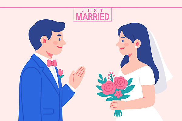 기념일 행복 꽃다발 웨딩드레스 포즈 결혼 일러스트 신혼부부 결혼식 사랑 미소 정장 이벤트 두명 로맨틱 축하 인사 즐거움 신혼 순간 국내일러스트 AI파일 부부 드레스 옷 꽃 감정 컨셉 표정 사람 예절 파일형식 벡터