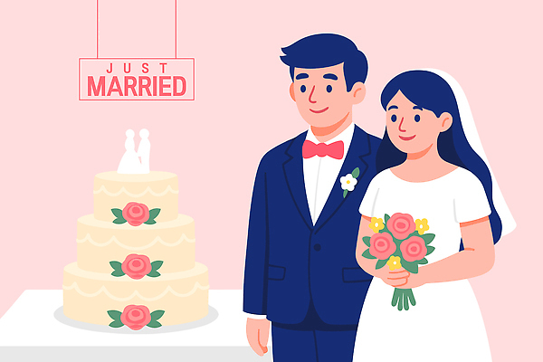 커플 행복 꽃다발 부케 결혼 일러스트 신혼부부 결혼식 기념 사랑 미소 장식 파티 케이크 촬영 축하 예복 순간 스타일 국내일러스트 AI파일 부부 옷 꽃 감정 컨셉 관계 디저트 표정 이벤트 신혼 파일형식 벡터