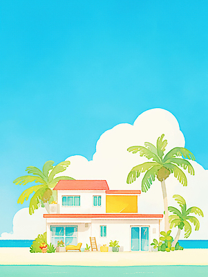 JPG 건축 바다 컬러 여행 일러스트 자연 날씨 휴식 열대 주택 따뜻함 풍경 해변 여름 햇빛 열대식물 조화 풍경화 국내일러스트 AI일러스트 AI콘텐츠 식물 계절 컨셉 건물 태양 그림 생태계 파일형식