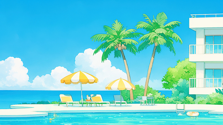 JPG 여유 모래 여행 가구 일러스트 자연 휴식 수영장 풍경 해변 야외 여름 야자수 햇빛 수영 파라솔 선탠 즐거움 청록색 국내일러스트 AI일러스트 AI콘텐츠 나무 계절 감정 바다 컬러 생활용품 컨셉 태양 수상스포츠 생태계 파일형식