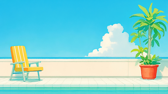 JPG 감정 화초 여유 의자 일러스트 자연 휴식 주택 수영장 풍경 해변 일상 여름 태양 노란색 발코니 편안함 화사함 오후 국내일러스트 AI일러스트 AI콘텐츠 자연요소 식물 계절 바다 컬러 가구 컨셉 건물 라이프 감각 생태계 파일형식