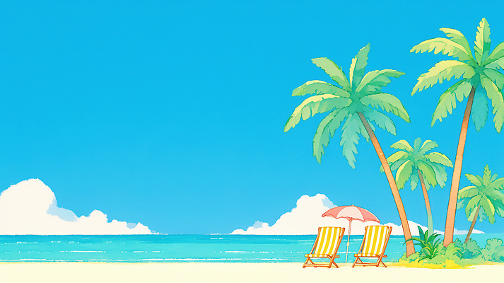 JPG 파도 바다 여행 의자 일러스트 자연 휴식 풍경 해변 여름 야자수 햇빛 평화 선탠 해수욕 조용 천국 찾기 국내일러스트 AI일러스트 AI콘텐츠 나무 계절 가구 컨셉 모션 휴가 태양 생태계 파일형식