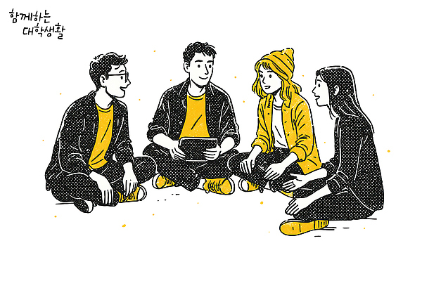 PSD 옷 대학생 일러스트 커뮤니케이션 협력 아이디어 함께함 따뜻함 대화 친구 학습 모임 자유 원형 그룹 분위기 편안함 토론 즐거움 소통 국내일러스트 도형 학생 교육 감정 컨셉 관계 말하기 감각 파일형식