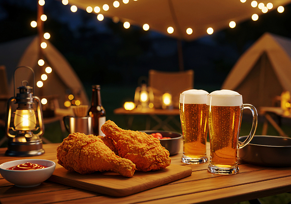 JPG 편집이미지 음식 자연 조명 맥주 대화 취미 야외 여름 친구 치킨 캠핑 모임 편안함 즐거움 편집실사 AI포토 AI콘텐츠 계절 감정 관계 레저 주류 말하기 감각 CG 생태계 닭고기요리 파일형식