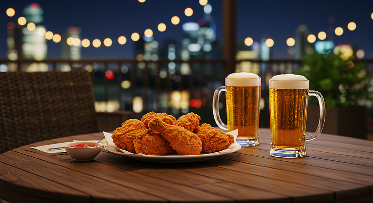 JPG 편집이미지 감정 음식 야경 맥주 여름 친구 파티 축제 치킨 모임 발코니 도시 저녁 즐거움 간편조리식품 편집실사 AI포토 AI콘텐츠 계절 관계 주류 이벤트 야간 CG 닭고기요리 파일형식 풍경_경치