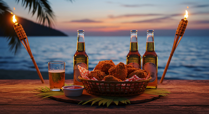 JPG 편집이미지 행복 여유 음료 자연 맥주 해변 야외 친구 저녁식사 치킨 일몰 모임 편안함 나무탁자 편집실사 AI포토 AI콘텐츠 감정 바다 관계 탁자 주류 노을 식사 감각 CG 생태계 닭고기요리 파일형식