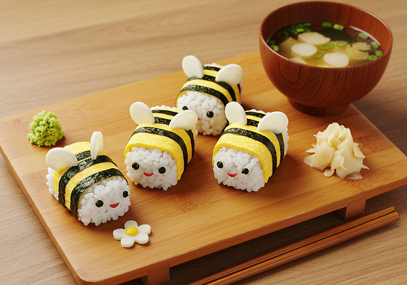 JPG 편집이미지 음식 재료 식탁 탁자 요리 여름 귀여움 식사 초밥 벌 곰탕 창의성 일본음식 편집실사 AI포토 AI콘텐츠 계절 가구 곤충 컨셉 CG 탕 파일형식