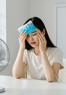 JPG 편집이미지 여자 감정 휴식 스트레스 표정 건강 밝음 앉기 치료 방 두통 이마 찜질팩 의료성형뷰티 불편함 편집실사 AI인물포토 AI콘텐츠 컨셉 의학 모션 사람 감각 질병 CG 찜질 파일형식 AI포토