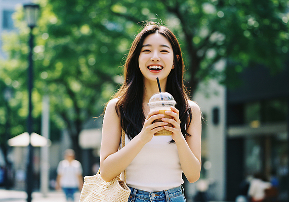 JPG 나무 식물 편집이미지 여자 커피 거리 미소 웃음 사람 여름 햇빛 바구니 카페 흰색 청바지 즐거움 의료성형뷰티 편집실사 AI인물포토 AI콘텐츠 계절 감정 음료 컬러 바지 표정 태양 상점 CG 파일형식 AI포토
