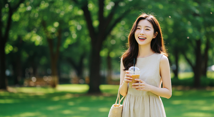 JPG 편집이미지 공원 여자 행복 음료 자연 미소 야외 여름 청춘 햇빛 산책 즐거움 오후 의료성형뷰티 편집실사 AI인물포토 AI콘텐츠 계절 공공시설 감정 컨셉 휴식 표정 사람 태양 CG 생태계 파일형식 AI포토