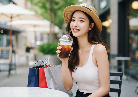 JPG 편집이미지 모자 여자 패션 여유 휴식 여름 친구 쇼핑 햇빛 카페 발코니 도시 시간 즐거움 냉음료 의료성형뷰티 편집실사 AI인물포토 AI콘텐츠 잡화 계절 감정 음료 컨셉 관계 사람 태양 상점 CG 파일형식 AI포토