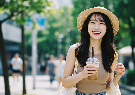 JPG 나무 편집이미지 옷 여자 패션 행복 음료 거리 미소 사람 여름 햇빛 산책 카페 도시 의료성형뷰티 편집실사 AI인물포토 AI콘텐츠 식물 계절 감정 휴식 표정 태양 상점 CG 파일형식 AI포토