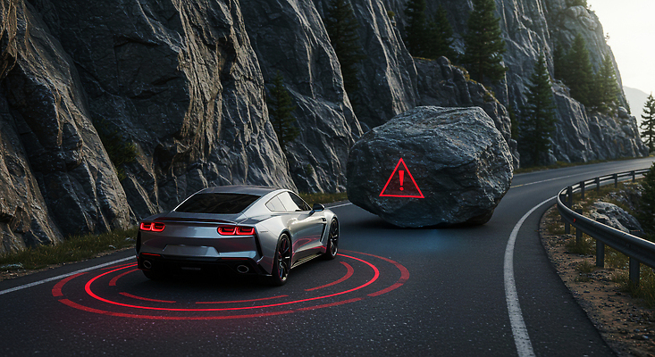 JPG 편집이미지 도로 교통 자동차 기술 경고 안전 환경 바위 위험 장애물 주행 자율주행 편집실사 AI컴퓨터그래픽 AI콘텐츠 길 육상교통 컨셉 교통시설 운전 돌_바위 CG 파일형식 4차산업